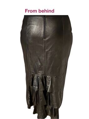 North Bound Leather Midi Black Leather Pencil Skirt with Frilled Back Hem